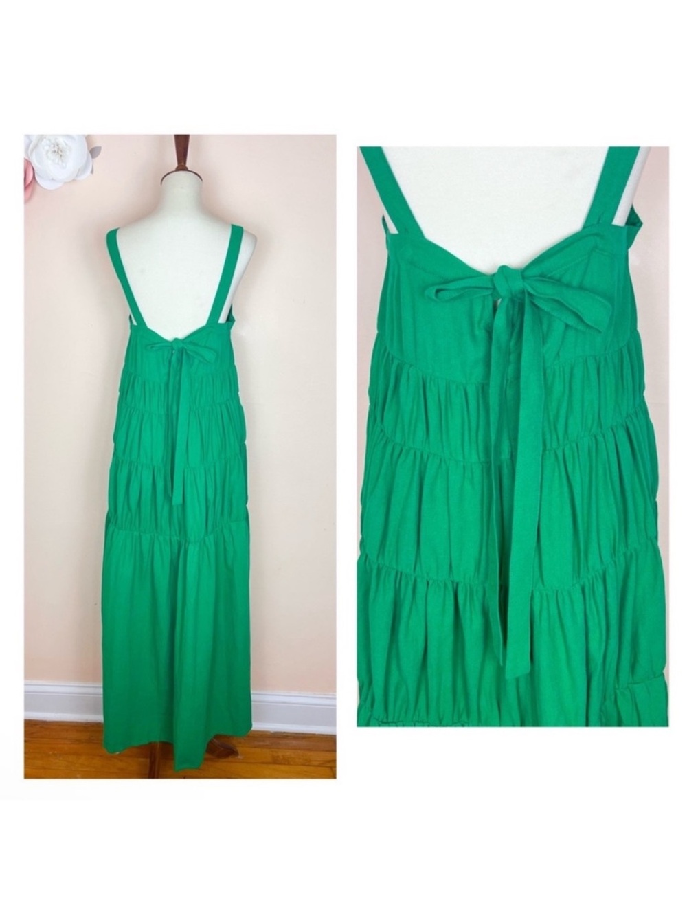 New! Rue Stiic Elsa Linen Tiered Flowy Summer Maxi Dress in French Green - Picture 11 of 13